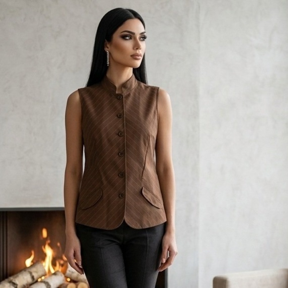 J. Jill Havana Linen Vest Brown Pinstripe Tailored Contemporary Chic Size 12 NWT